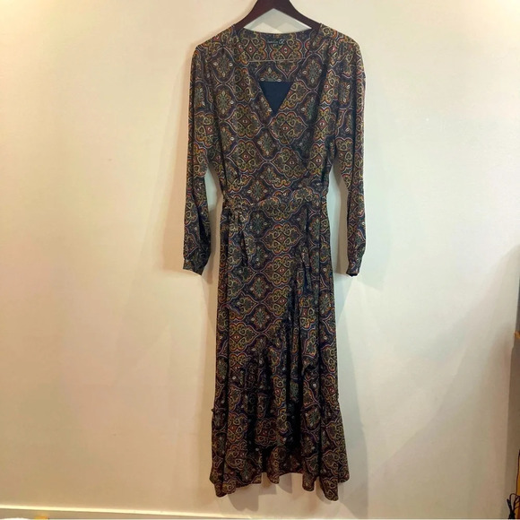 SMASHED LEMON Sz  12 Jill Riffled Faux Wrap Top Lined Sheer Sleeves Maxi Dress - Picture 2 of 16